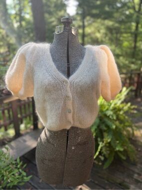American Dreams Mohair Blend Puff-Sleeve Cardigan - Harper- Almond NWT